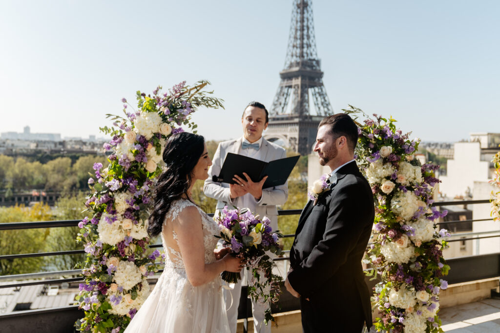 Destination Purple wedding elopement at Shangri-La Hotel Paris private rooftop Eiffel Tower view ceremony