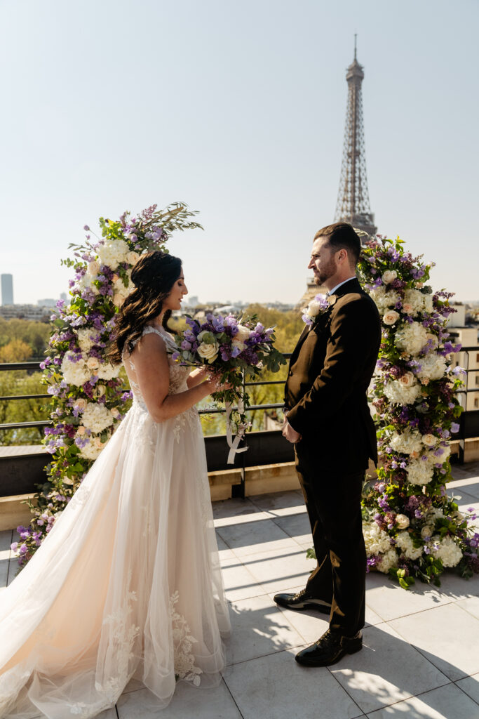 Destination Purple wedding elopement at Shangri-La Hotel Paris private rooftop Eiffel Tower view ceremony vows