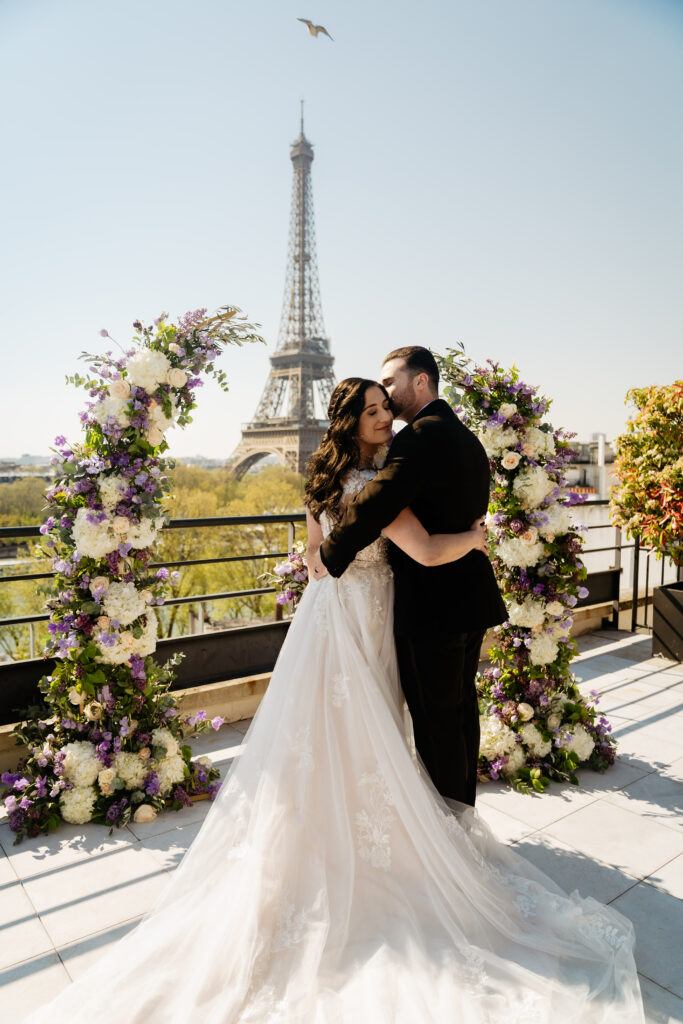 Destination Purple wedding elopement at Shangri-La Hotel Paris private rooftop Eiffel Tower view ceremony 